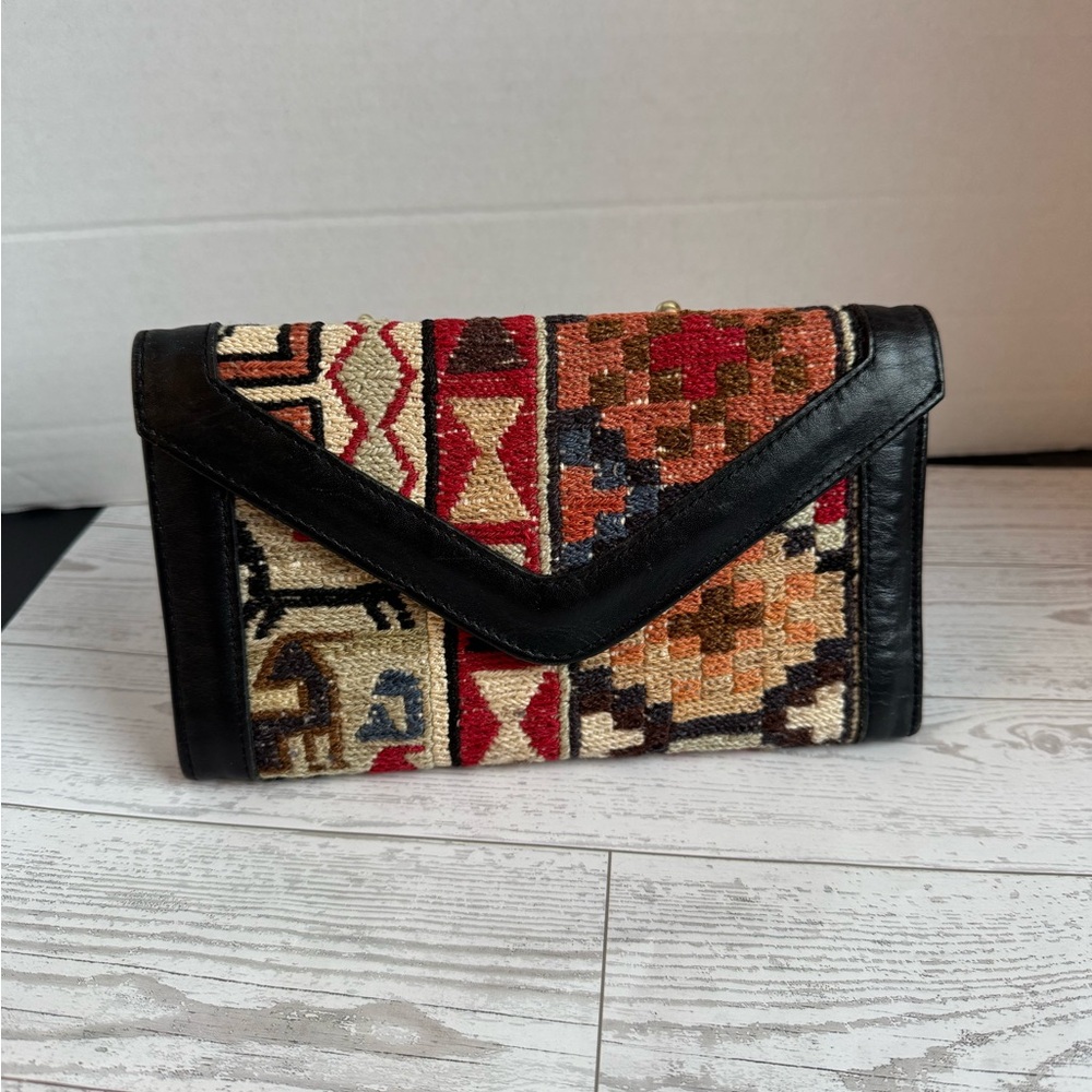 Handwoven Kilim Envelope Clutch with Black Leather Trim - Red & Tan Pattern
